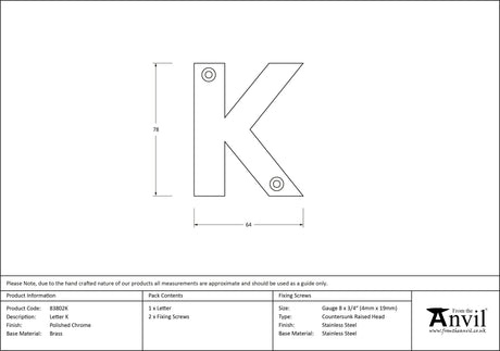 From The Anvil - Polished Chrome Letter K | Sku. 83802K | Trade Door Handles.