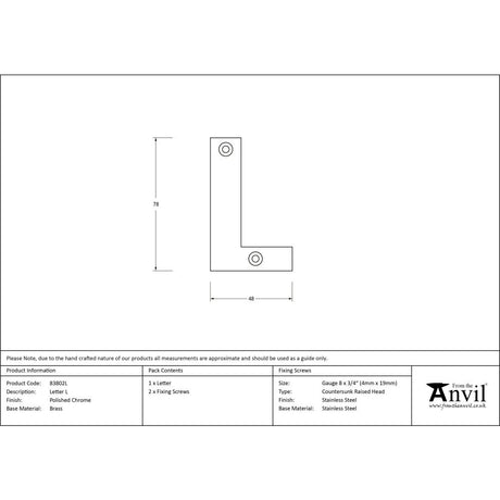 From The Anvil - Polished Chrome Letter L | Sku. 83802L | Trade Door Handles.