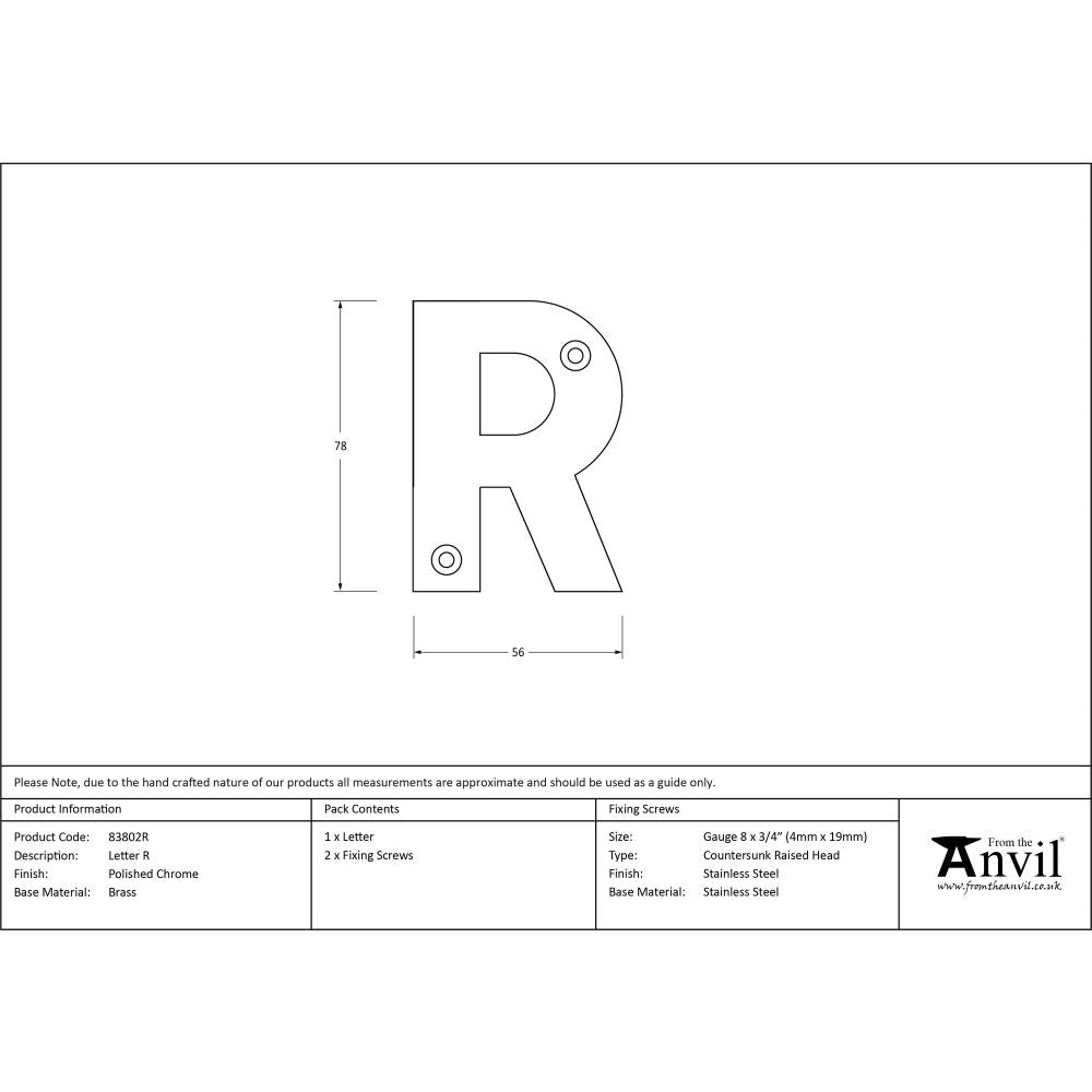 From The Anvil - Polished Chrome Letter R | Sku. 83802R | Trade Door Handles.
