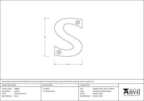 From The Anvil - Polished Chrome Letter S | Sku. 83802S | Trade Door Handles.