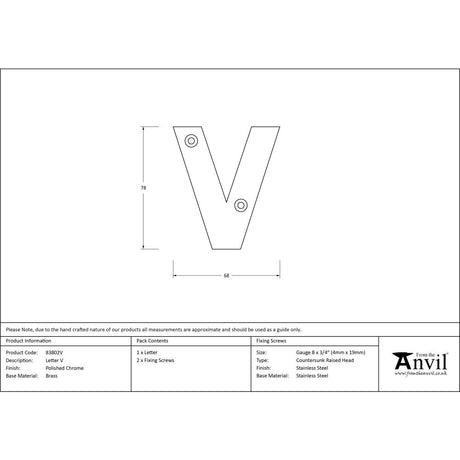 From The Anvil - Polished Chrome Letter V | Sku. 83802V | Trade Door Handles.
