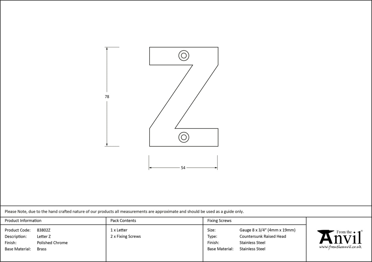 From The Anvil - Polished Chrome Letter Z | Sku. 83802Z | Trade Door Handles.