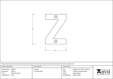From The Anvil - Polished Chrome Letter Z | Sku. 83802Z | Trade Door Handles.