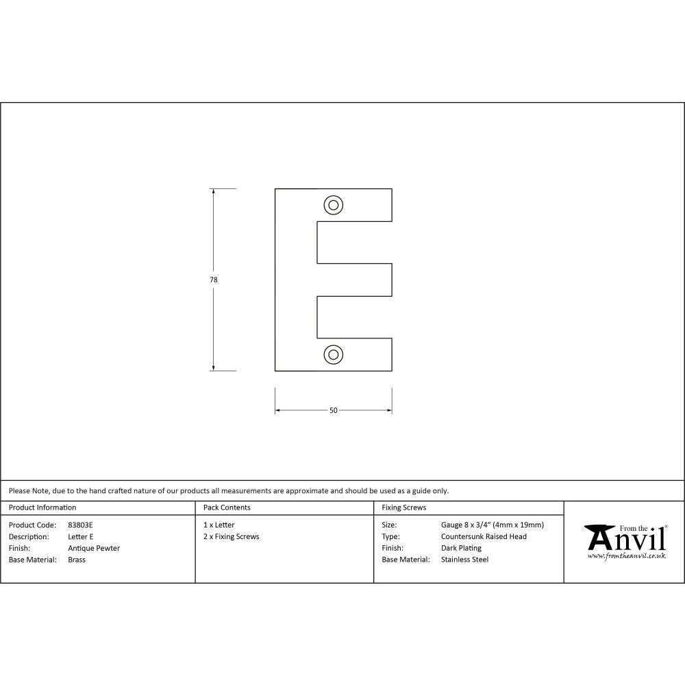 From The Anvil - Antique Pewter Letter E | Sku. 83803E | Trade Door Handles.