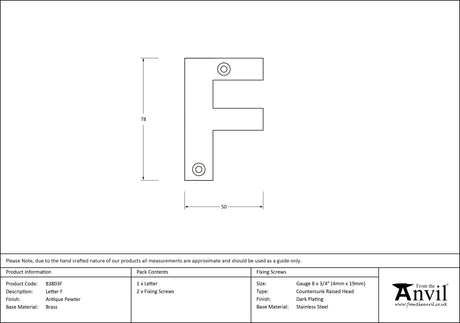 From The Anvil - Antique Pewter Letter F | Sku. 83803F | Trade Door Handles.