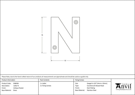 From The Anvil - Antique Pewter Letter N | Sku. 83803N | Trade Door Handles.