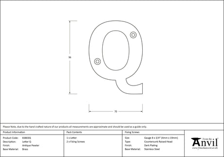 From The Anvil - Antique Pewter Letter Q | Sku. 83803Q | Trade Door Handles.