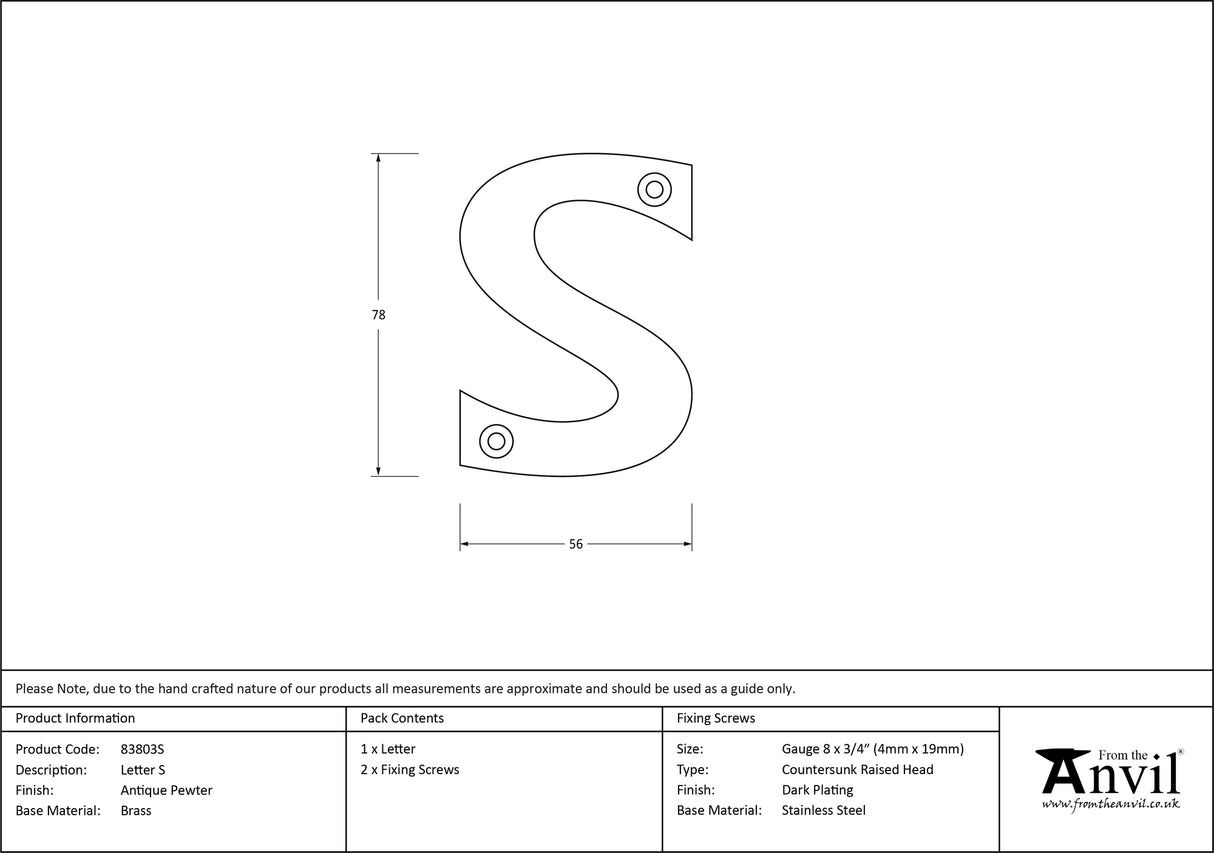 From The Anvil - Antique Pewter Letter S | Sku. 83803S | Trade Door Handles.