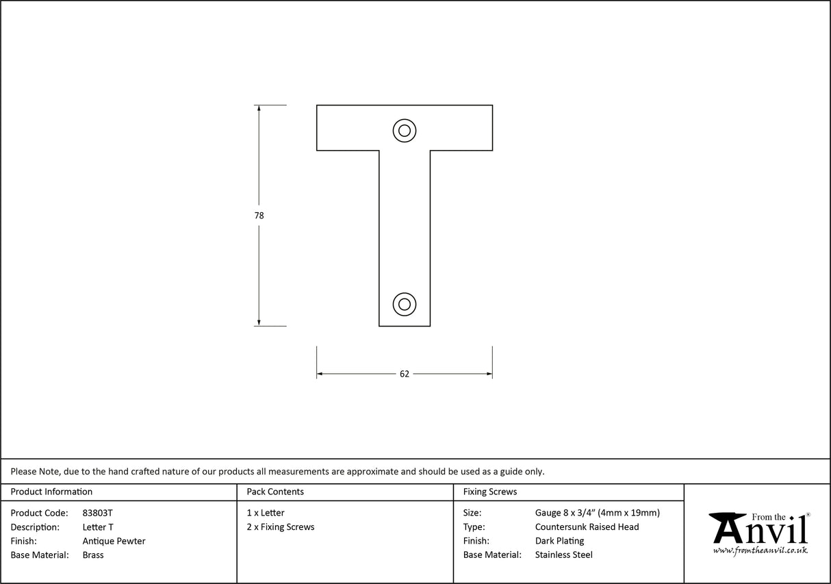 From The Anvil - Antique Pewter Letter T | Sku. 83803T | Trade Door Handles.