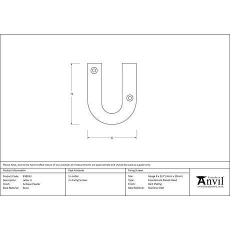 From The Anvil - Antique Pewter Letter U | Sku. 83803U | Trade Door Handles.
