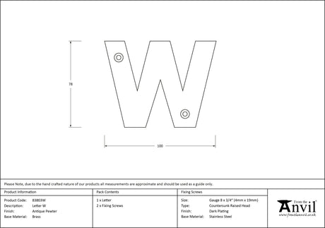 From The Anvil - Antique Pewter Letter W | Sku. 83803W | Trade Door Handles.