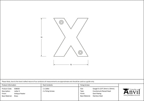 From The Anvil - Antique Pewter Letter X | Sku. 83803X | Trade Door Handles.
