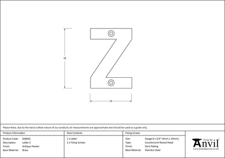 From The Anvil - Antique Pewter Letter Z | Sku. 83803Z | Trade Door Handles.