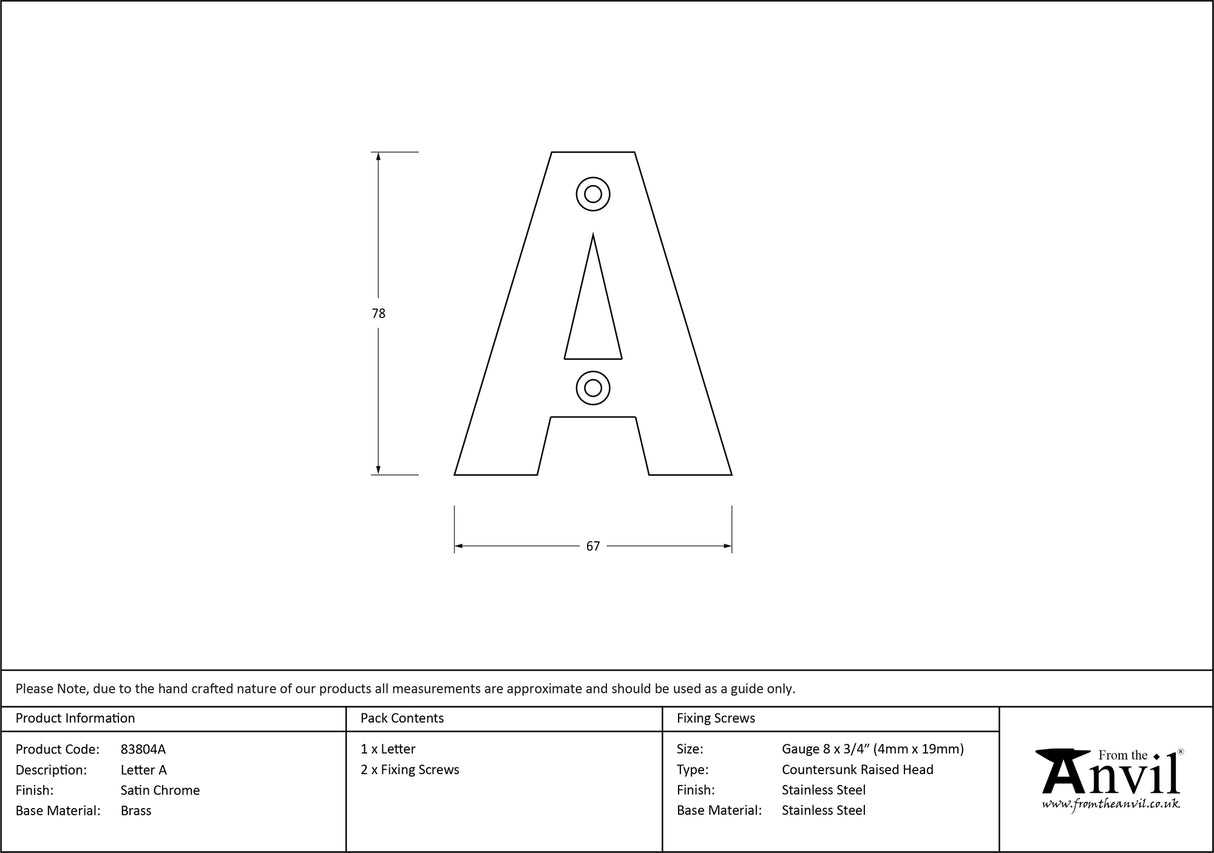 From The Anvil - Satin Chrome Letter A | Sku. 83804A | Trade Door Handles.