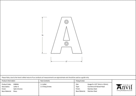 From The Anvil - Satin Chrome Letter A | Sku. 83804A | Trade Door Handles.