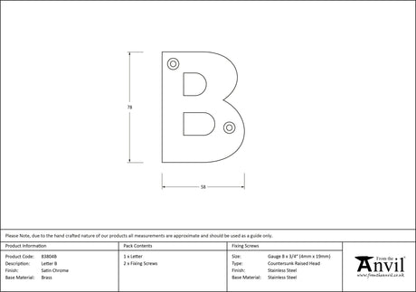 From The Anvil - Satin Chrome Letter B | Sku. 83804B | Trade Door Handles.