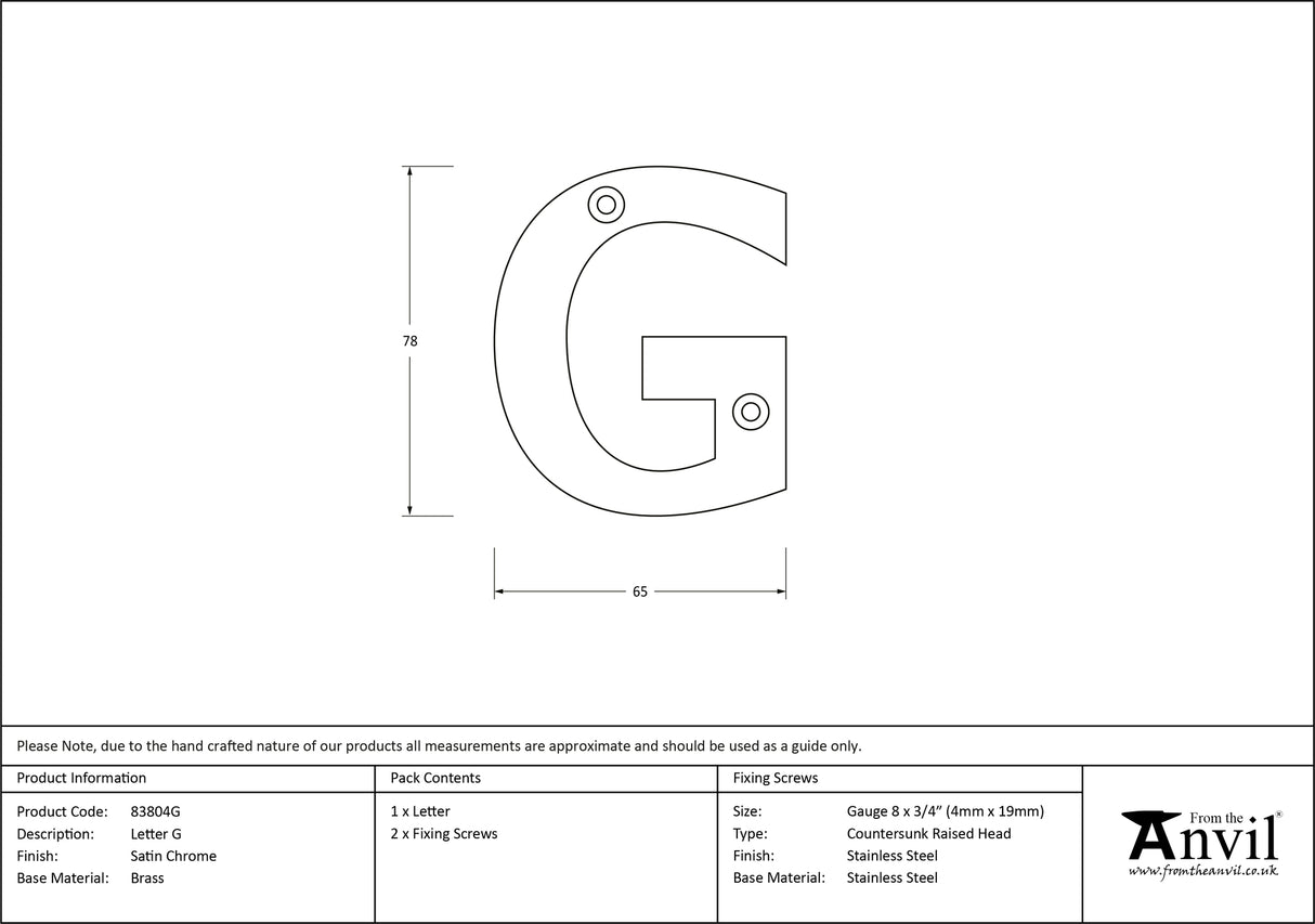 From The Anvil - Satin Chrome Letter G | Sku. 83804G | Trade Door Handles.