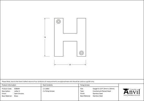 From The Anvil - Satin Chrome Letter H | Sku. 83804H | Trade Door Handles.