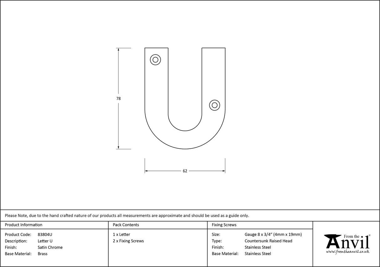 From The Anvil - Satin Chrome Letter U | Sku. 83804U | Trade Door Handles.