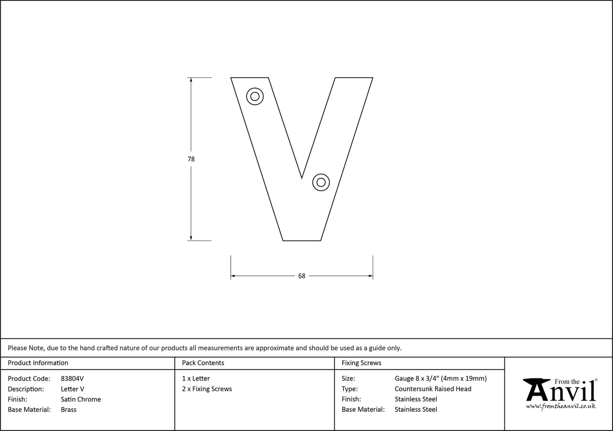 From The Anvil - Satin Chrome Letter V | Sku. 83804V | Trade Door Handles.