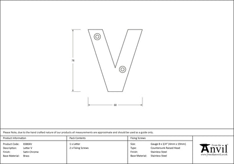 From The Anvil - Satin Chrome Letter V | Sku. 83804V | Trade Door Handles.