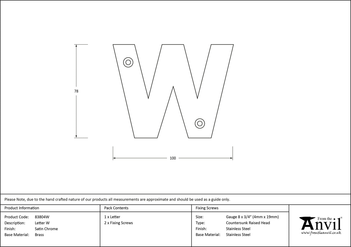 From The Anvil - Satin Chrome Letter W | Sku. 83804W | Trade Door Handles.