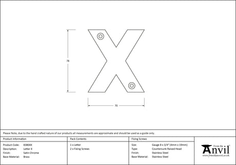From The Anvil - Satin Chrome Letter X | Sku. 83804X | Trade Door Handles.