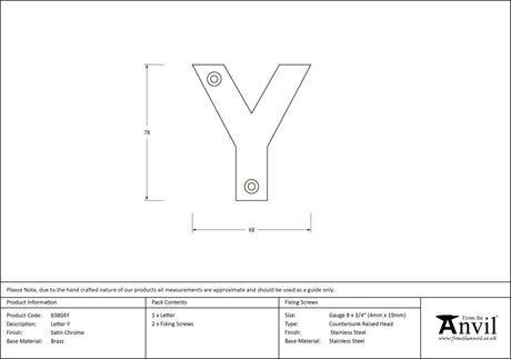 From The Anvil - Satin Chrome Letter Y | Sku. 83804Y | Trade Door Handles.