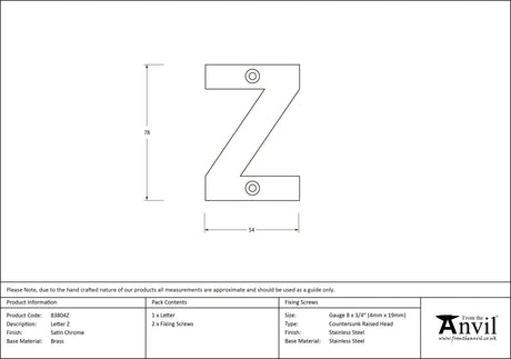 From The Anvil - Satin Chrome Letter Z | Sku. 83804Z | Trade Door Handles.