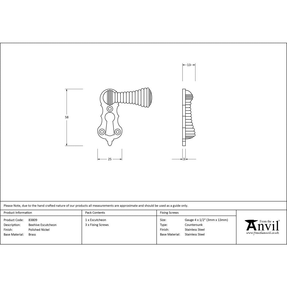 From The Anvil - Polished Nickel Beehive Escutcheon | Sku. 83809 | Trade Door Handles.