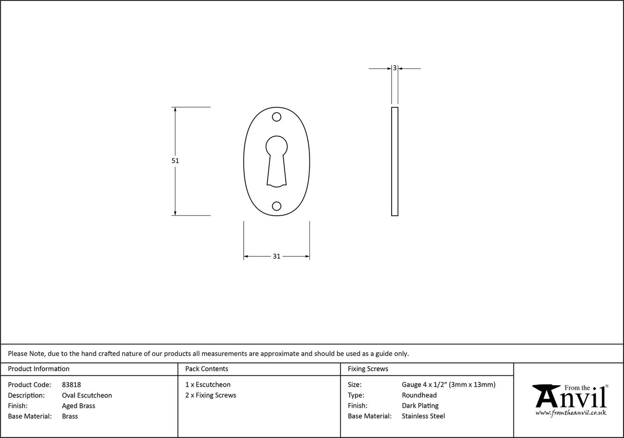 From The Anvil - Aged Brass Oval Escutcheon | Sku. 83818 | Trade Door Handles.