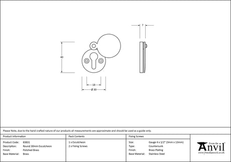 From The Anvil - Polished Brass 30mm Round Escutcheon | Sku. 83831 | Trade Door Handles.