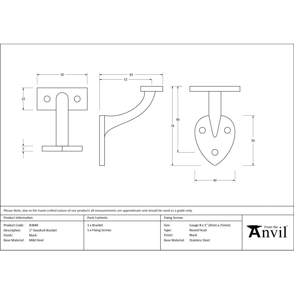 From The Anvil - Black 2" Handrail Bracket | Sku. 83840 | Trade Door Handles.
