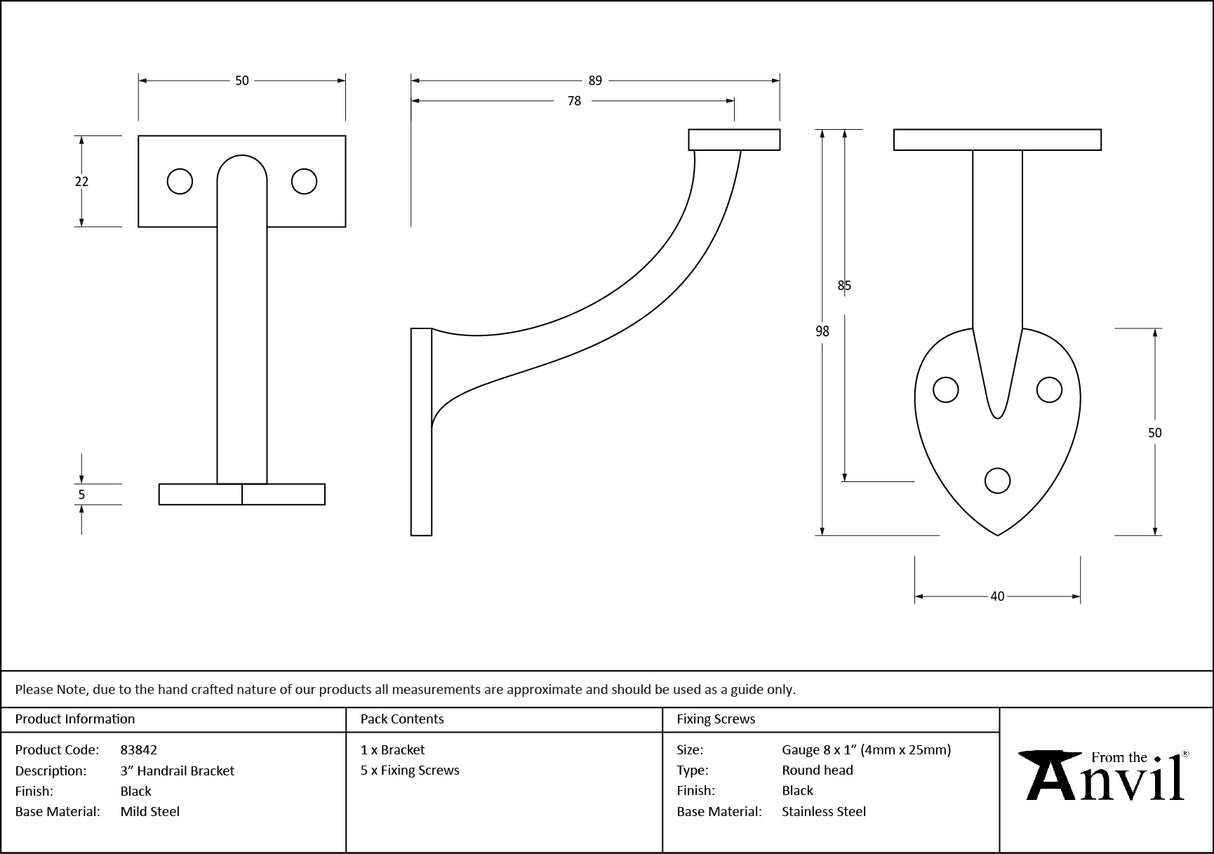 From The Anvil - Black 3" Handrail Bracket | Sku. 83842 | Trade Door Handles.
