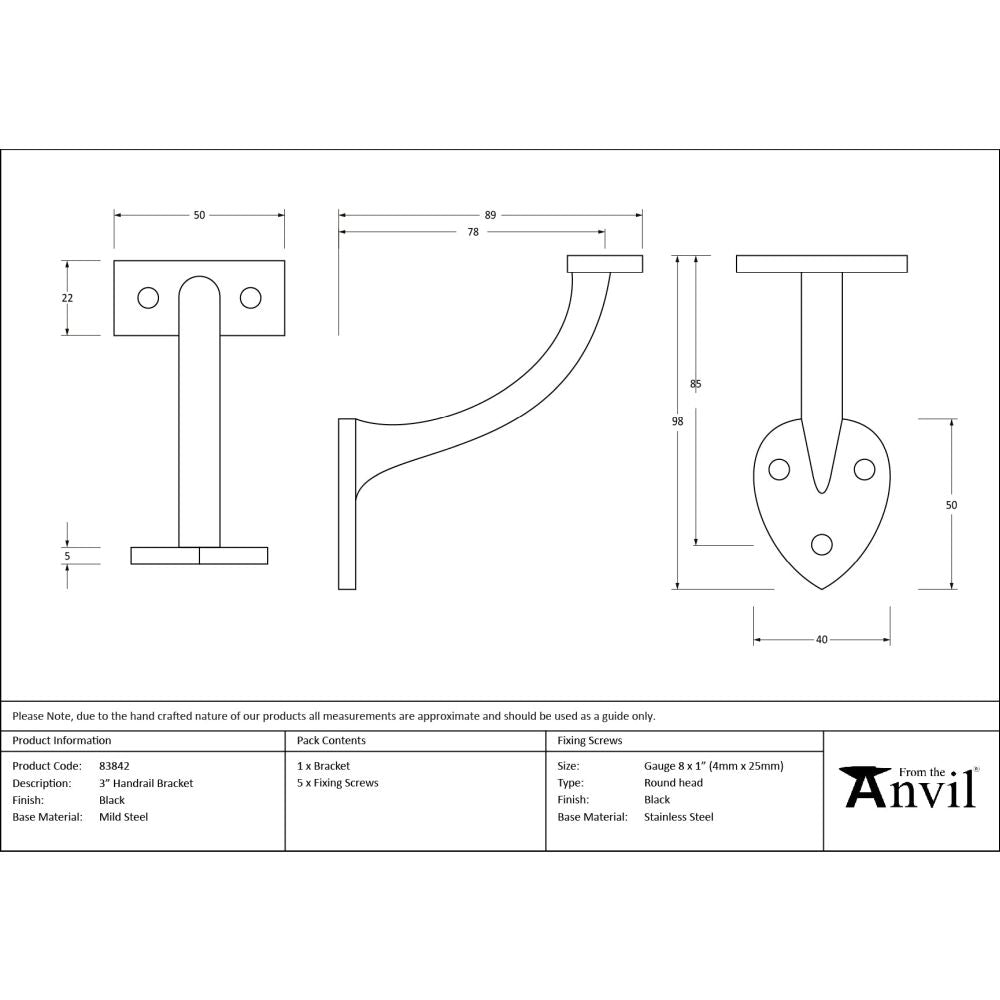 From The Anvil - Black 3" Handrail Bracket | Sku. 83842 | Trade Door Handles.