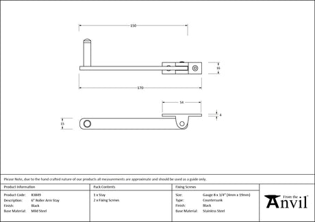 From The Anvil - Black 6" Roller Arm Stay | Sku. 83849 | Trade Door Handles.