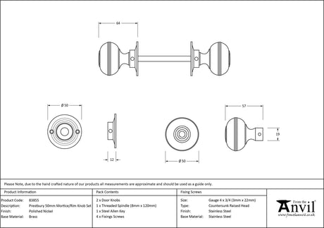 From The Anvil - Polished Nickel 50mm Prestbury Mortice/Rim Knob Set | Sku. 83855 | Trade Door Handles.