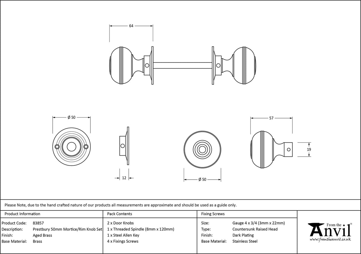 From The Anvil - Aged Brass 50mm Prestbury Mortice/Rim Knob Set | Sku. 83857 | Trade Door Handles.
