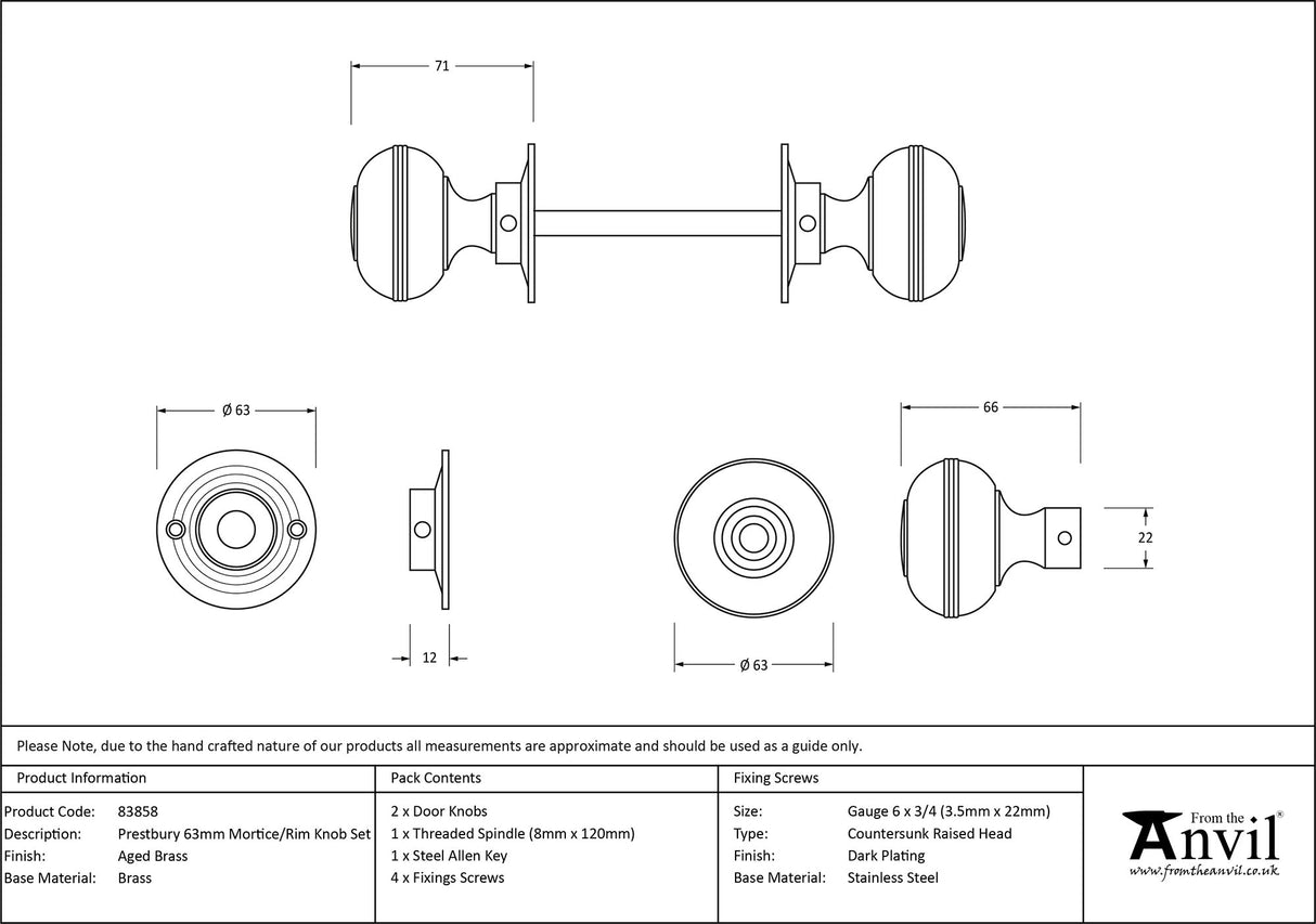 From The Anvil - Aged Brass 63mm Prestbury Mortice/Rim Knob Set | Sku. 83858 | Trade Door Handles.