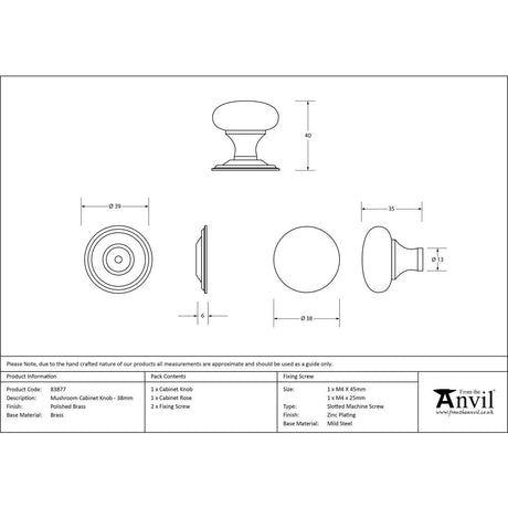 From The Anvil - Polished Brass Mushroom Cabinet Knob 38mm | Sku. 83877 | Trade Door Handles.