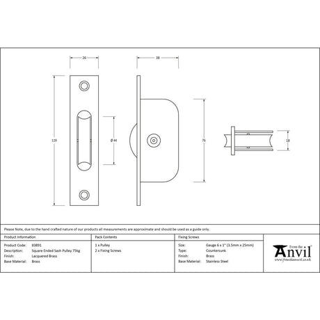 From The Anvil - Lacquered Brass Square Ended Sash Pulley 75kg | Sku. 83891 | Trade Door Handles.