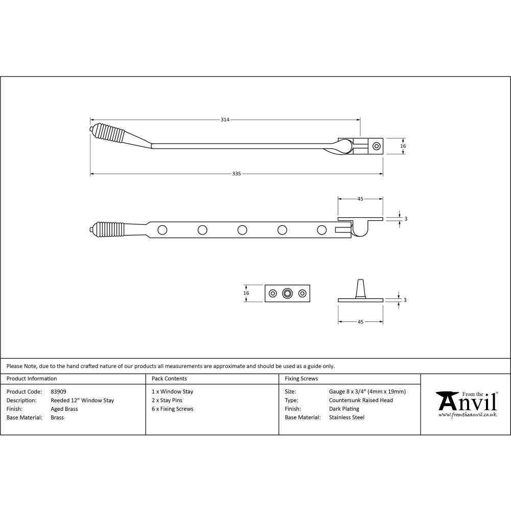 From The Anvil - Aged Brass 12" Reeded Stay