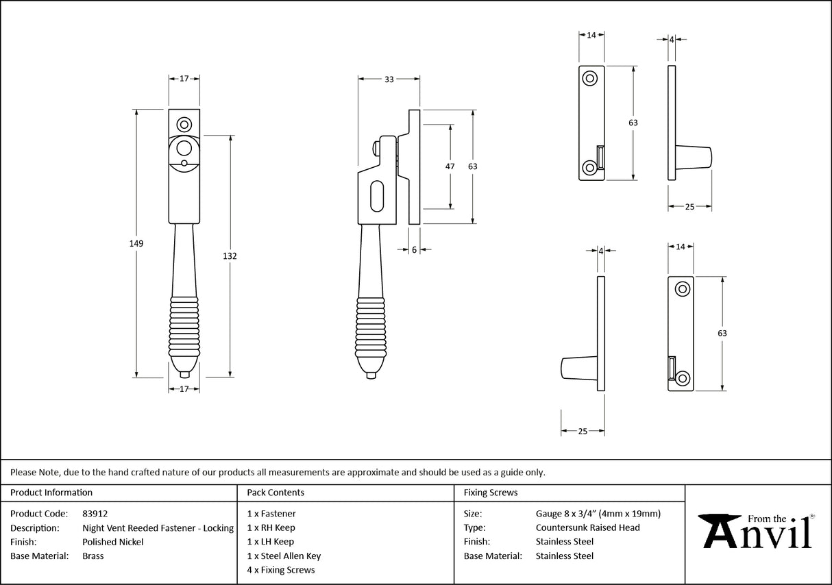 From The Anvil - Polished Nickel Night-Vent Locking Reeded Fastener | Sku. 83912 | Trade Door Handles.