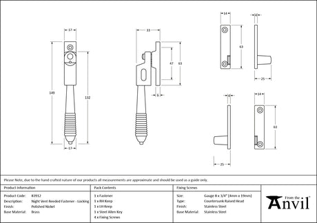From The Anvil - Polished Nickel Night-Vent Locking Reeded Fastener | Sku. 83912 | Trade Door Handles.