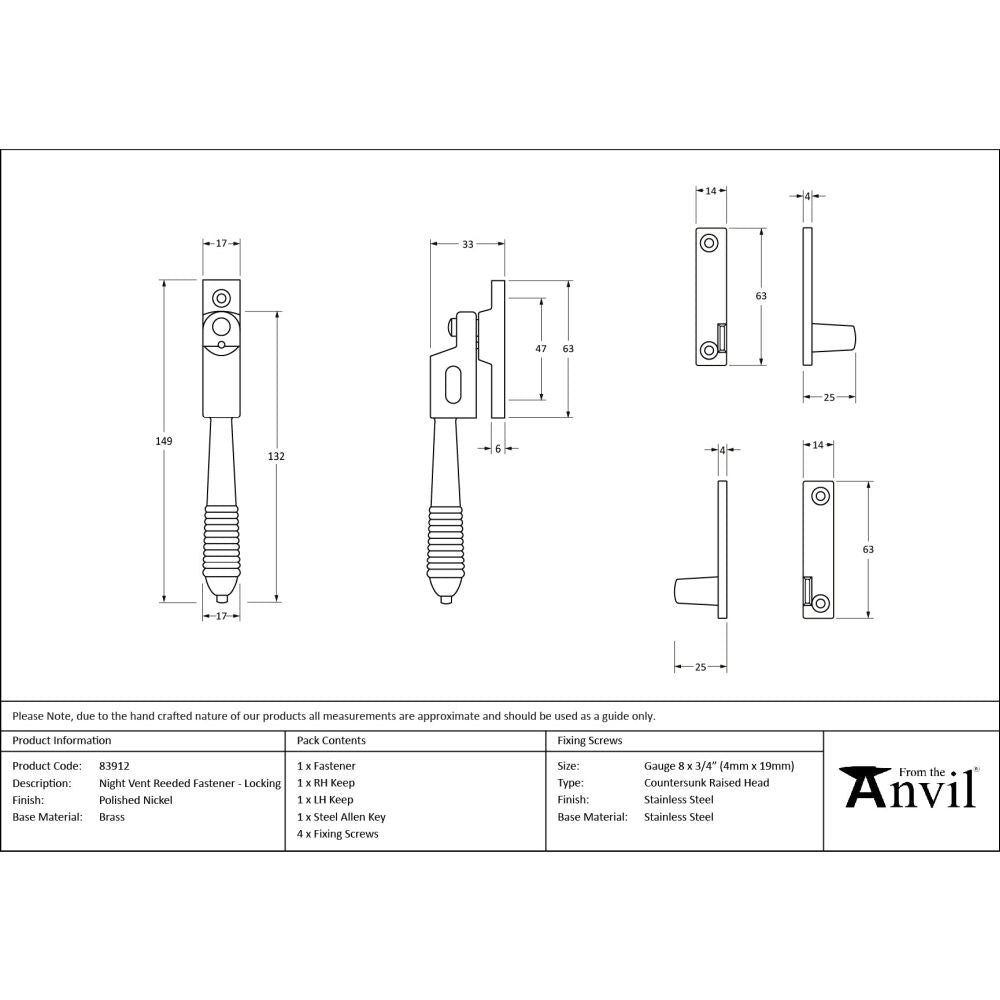 From The Anvil - Polished Nickel Night-Vent Locking Reeded Fastener | Sku. 83912 | Trade Door Handles.