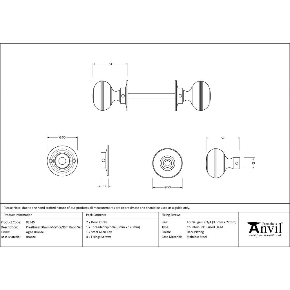 From The Anvil - Aged Bronze 50mm Prestbury Mortice/Rim Knob Set | Sku. 83945 | Trade Door Handles.
