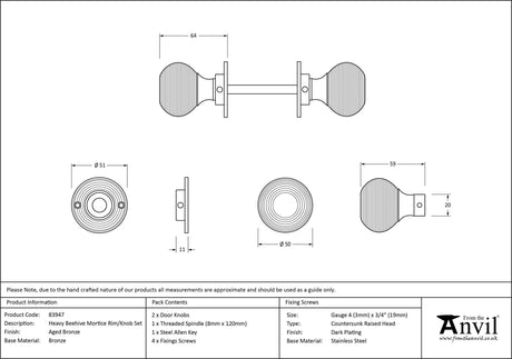 From The Anvil - Aged Bronze Heavy Beehive Mortice/Rim Knob Set | Sku. 83947 | Trade Door Handles.