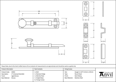 From The Anvil - Aged Bronze 4" Universal Bolt | Sku. 83965 | Trade Door Handles.