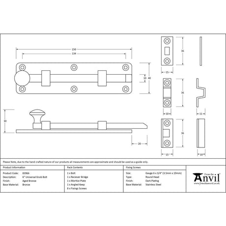 From The Anvil - Aged Bronze 6" Universal Bolt | Sku. 83966 | Trade Door Handles.