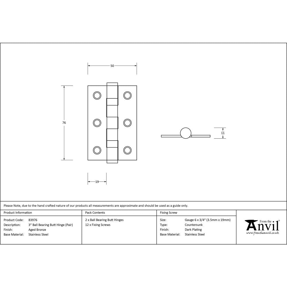 From The Anvil - Aged Bronze 3" Ball Bearing Butt Hinge (pair) ss | Sku. 83976 | Trade Door Handles.